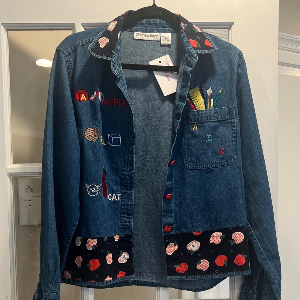 Dressbarn Vintage Blue Denim Shirt with Red and Black Accents. A, B, C’s